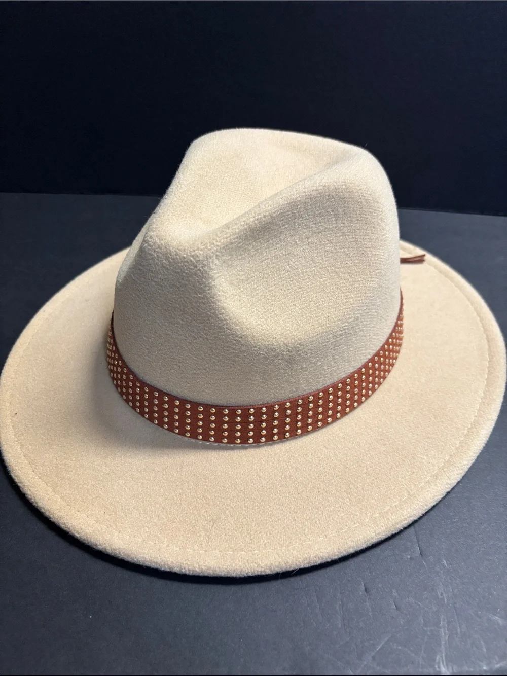 Time and Tru Cream Felt Fedora with Brown Studded Band